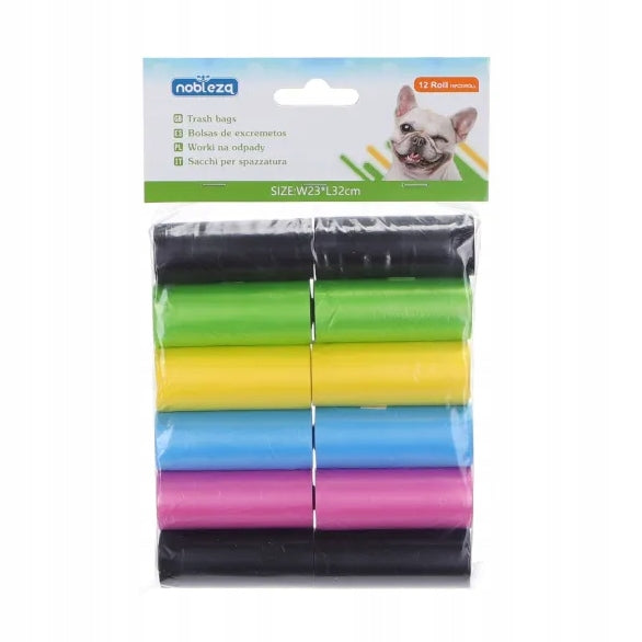 Kese za pseći izmet 12 rola (180 komada) u šest živopisnih boja, 23×32 cm
