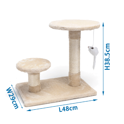 Grebalica za mačke sa platformama i visećom lopticom u svetlo bež boji - prikaz dimenzija 48×29×38,5 cm