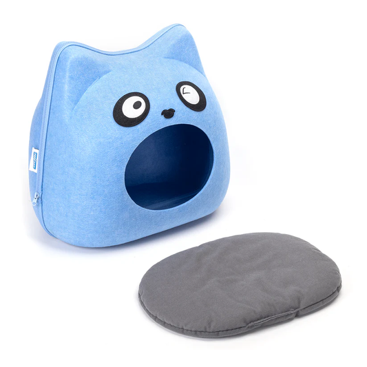 Šarmantna plava kućica za mačke sa smešnim izrazom lica, 45×32×41 cm