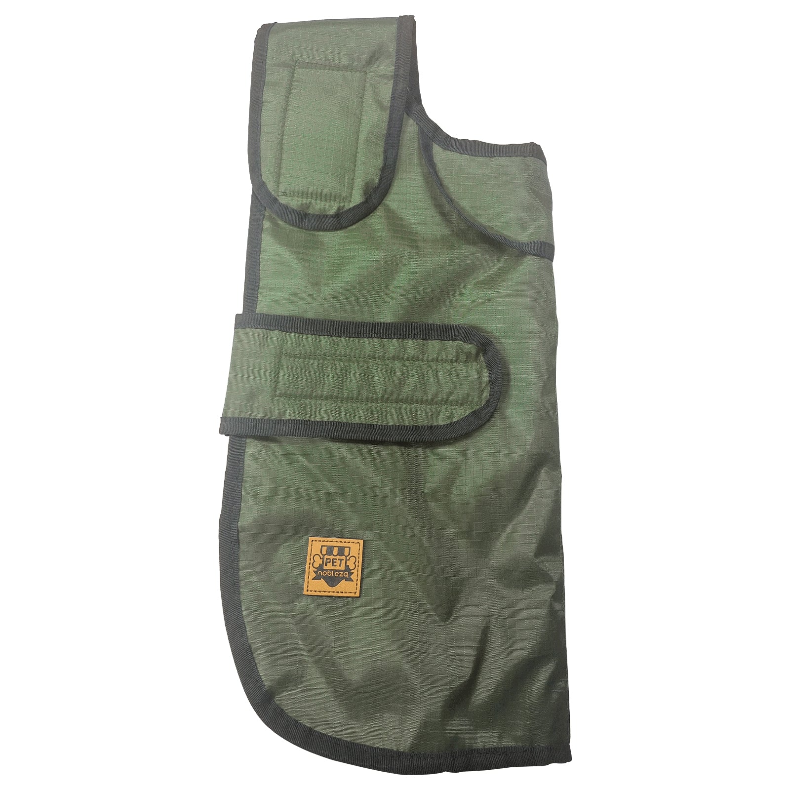 Zelena kabanica za psa položena ravno, sa istaknutim čičak-zatvaranjem na grudima i stomaku.