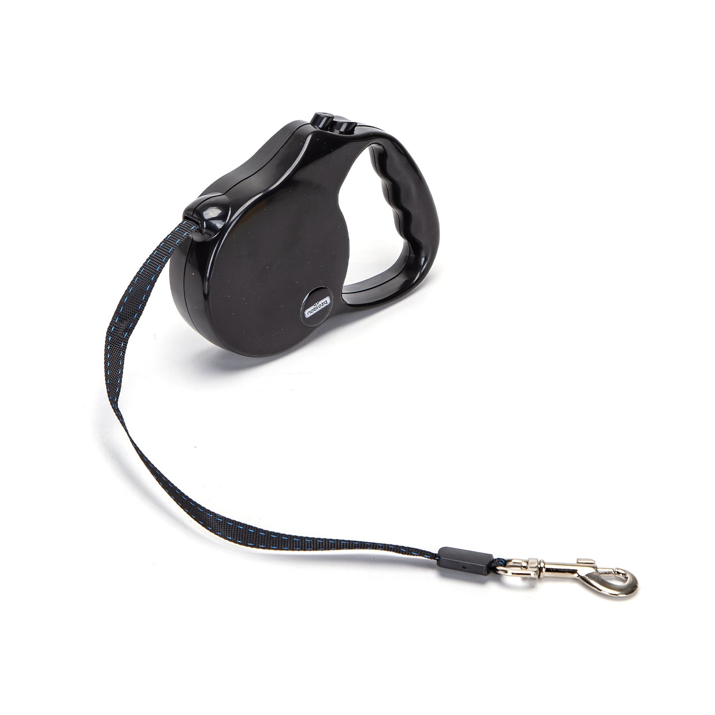 Crni automatski povodac za pse sa izvučenom trakom i metalnom kukicom.