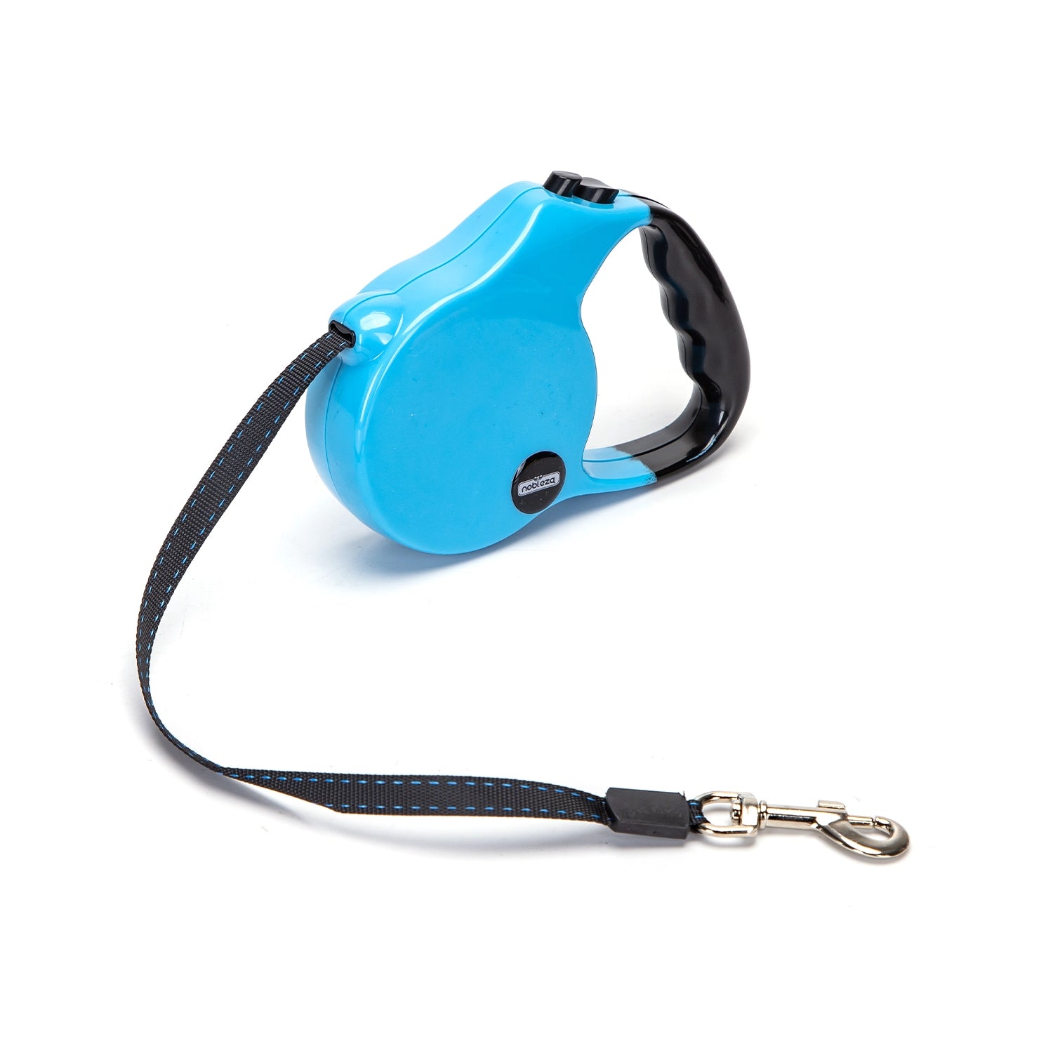 Plavi automatski povodac za pse sa crnom ručkom i crnom trakom, prikazan na beloj pozadini.