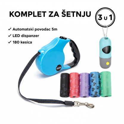Komplet za šetnju psa - automatski retraktibilni povodac 5m, LED dispanzer za kese sa karabinerom i šarene kesice za izmet, 3 u 1 paket