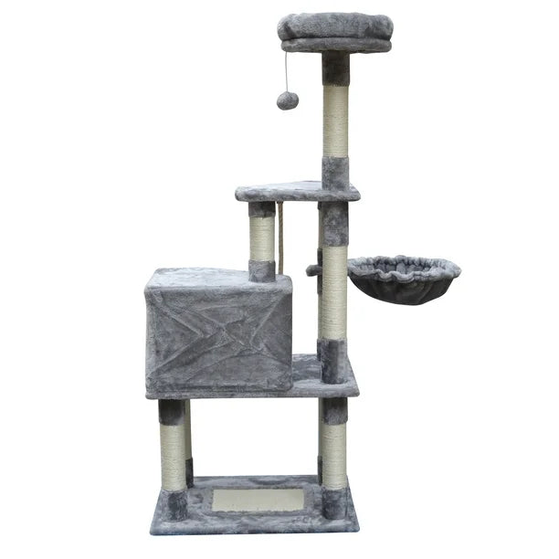 Detaljan prikaz zatvorene sivo obložene kućice na srednjem nivou drveta za mačke.