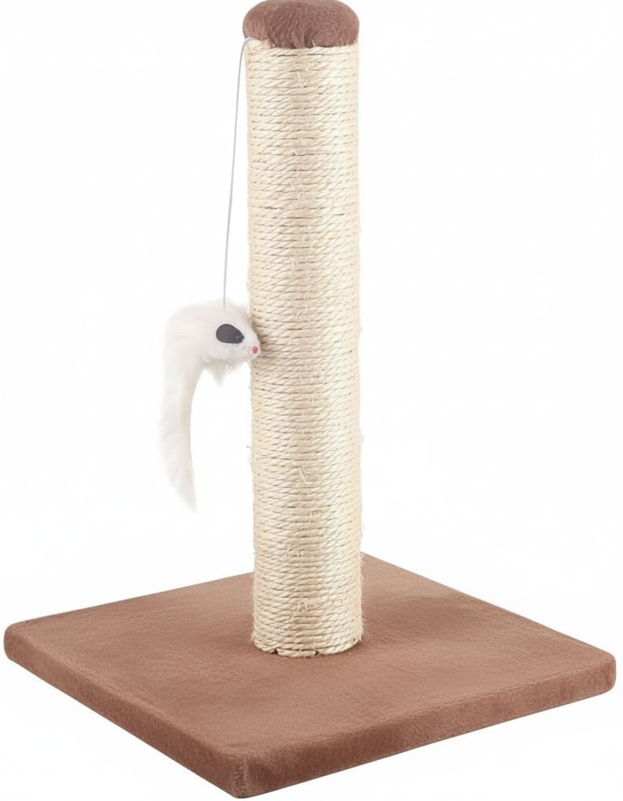 Grebalica za mačke sa sisal stubom, braon kvadratnom bazom i visećom igračkom mišem.