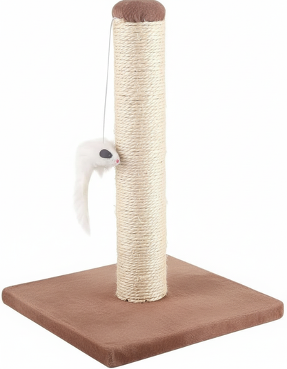 Grebalica za mačke sa sisal stubom, braon kvadratnom bazom i visećom igračkom mišem.