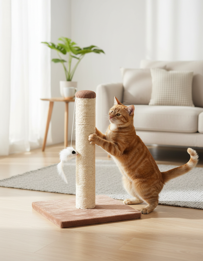 Mačka koristi grebalicu sa sisal stubom i braon bazom u dnevnoj sobi.