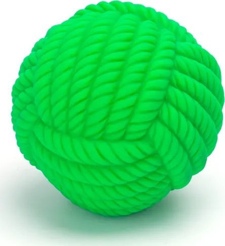 Fluorescentna zelena gumena loptica za pse sa teksturom isprepletanog konopca.
