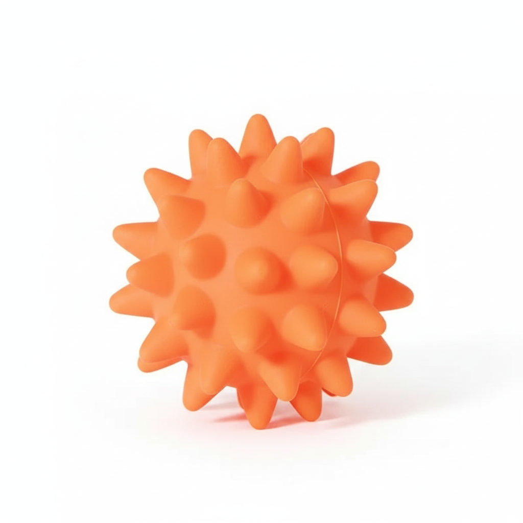 Narandžasta gumena bodljikava loptica za pse, lagana i izdržljiva igračka za svakodnevnu igru.