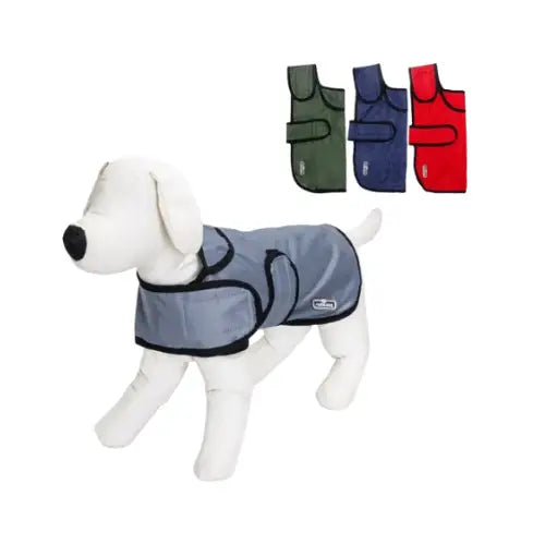 Vodootporna kabanica za psa u sivoj boji, sa prikazom dodatnih modela u zelenoj, plavoj i crvenoj boji na beloj pozadini.