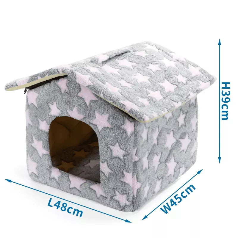 Siva mekana kućica za pse i mačke sa zvezdicama, prikaz sa ucrtanim dimenzijama kućice.
