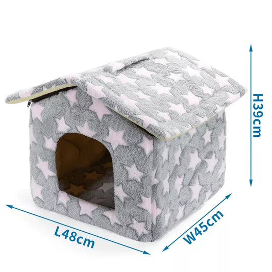 Siva mekana kućica za pse i mačke sa zvezdicama, prikaz sa ucrtanim dimenzijama kućice.