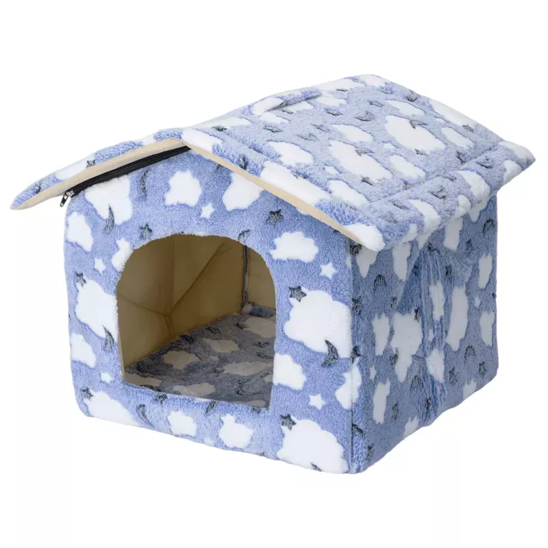 Topla plišana kućica sa sklopivim krovom, plava sa oblacima