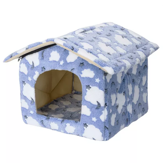 Topla plišana kućica sa sklopivim krovom, plava sa oblacima