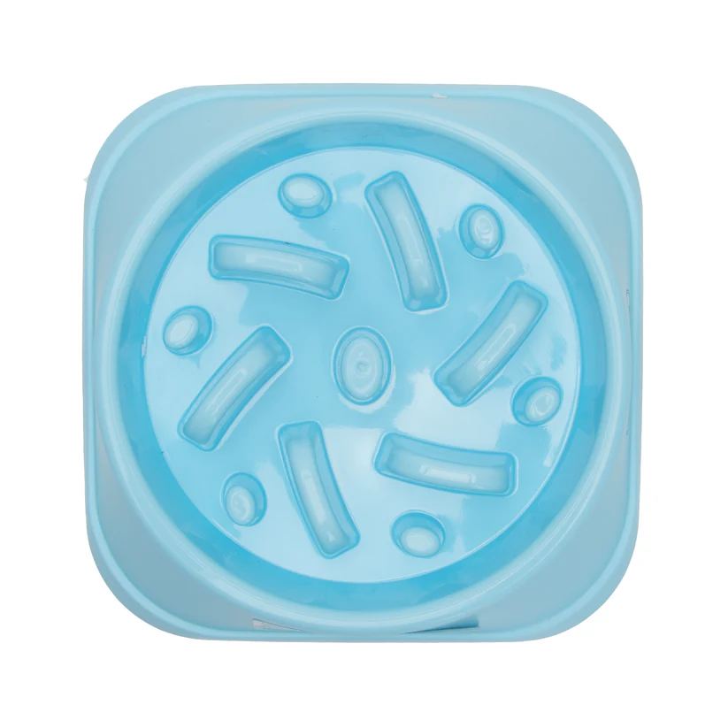 Plava posuda za sporo hranjenje pasa sa preprekama, dimenzije 20×20×4,5 cm