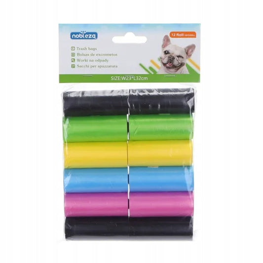 Kese za pseći izmet 12 rola (180 komada) u šest živopisnih boja, 23×32 cm