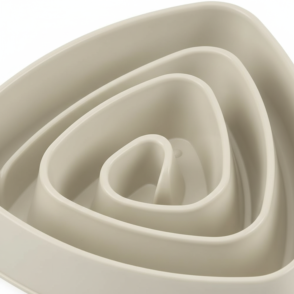 Detaljan prikaz krem sporе posude za hranu, sa spiralnim pregradama koje usporavaju uzimanje hrane.
