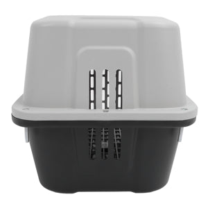 Sivi transporter za pse i mačke, zadnja strana sa ventilacionim prorezima.