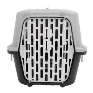 Sivi transporter za pse i mačke, prednja strana sa metalnim rešetkastim vratima.