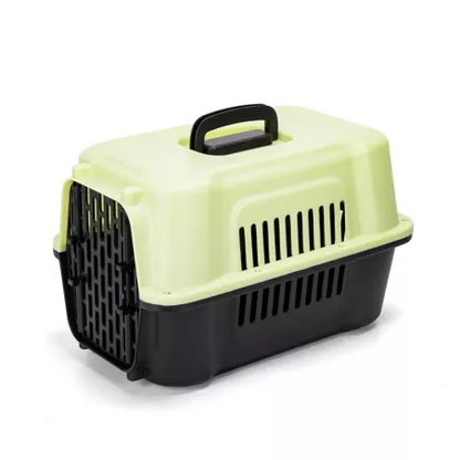 Transporter za pse i mačke sa svetlo zelenim gornjim delom i crnim dnom.