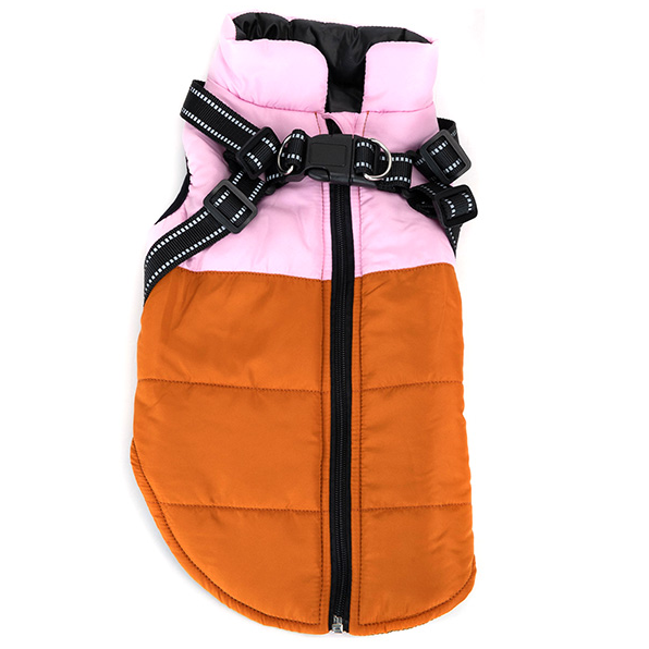 Roze-narandžasta zimska jakna za pse sa integrisanom ormom i rajsferšlusom duž leđa.