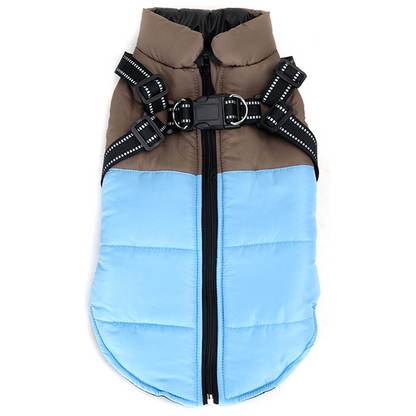 Svetloplava jakna za pse sa braon donjim delom, zimski prsluk sa rajsferšlusom.